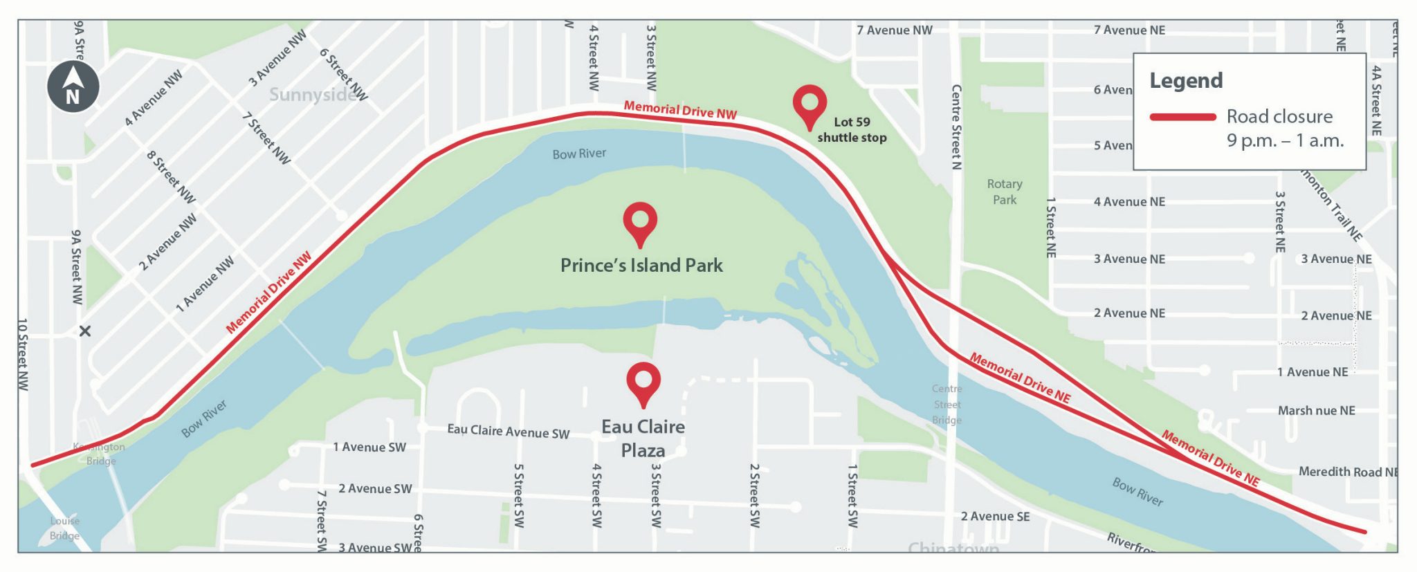 Map of Memorial Drive closures during New Years Eve celebrations in Calgary