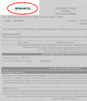 Back page of a yellow violation ticket